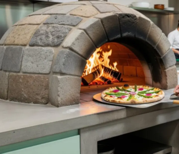 Handmade pizza baking in a wood-fired oven