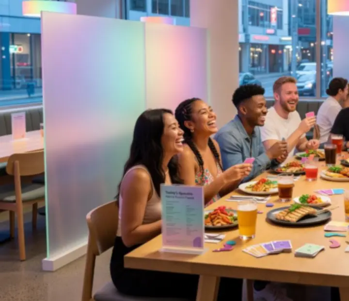 Friends enjoying dinner and offline poker at a modern Australian restaurant