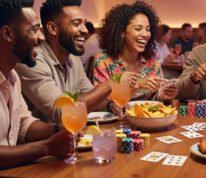 Guests enjoying friendly offline poker at social tables
