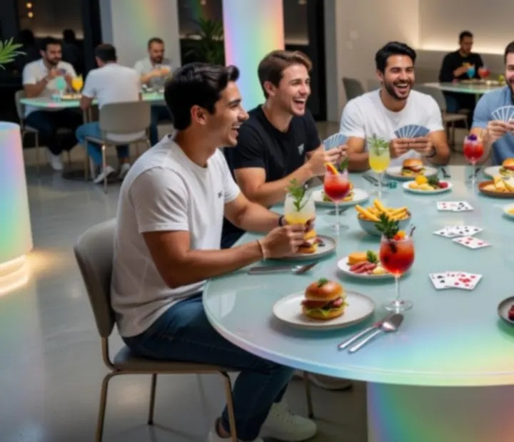 Social poker tables inside The Dealer's Den with guests dining and playing cards